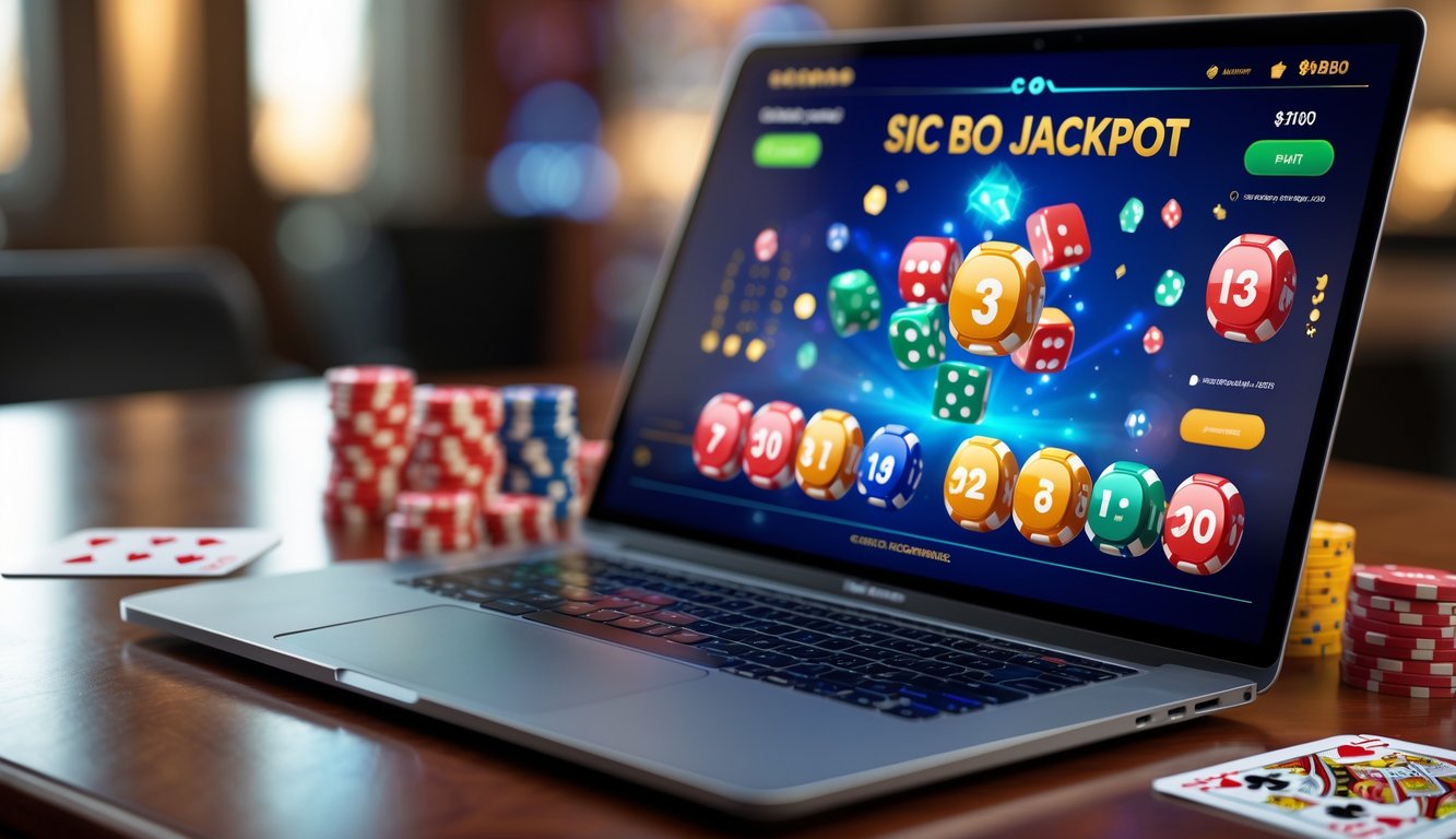 Seorang pemain menggunakan laptop dengan tampilan permainan Sic Bo dan dadu di atas meja kayu dengan chip poker di sekitarnya.