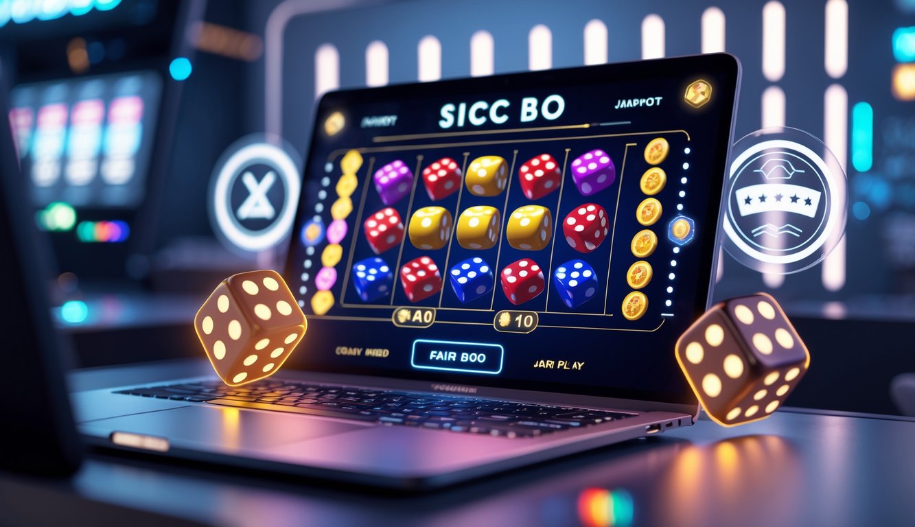 Suasana permainan Sic Bo online dengan layar komputer menampilkan animasi dadu dan indikator jackpot, di lingkungan kasino yang modern dan profesional.