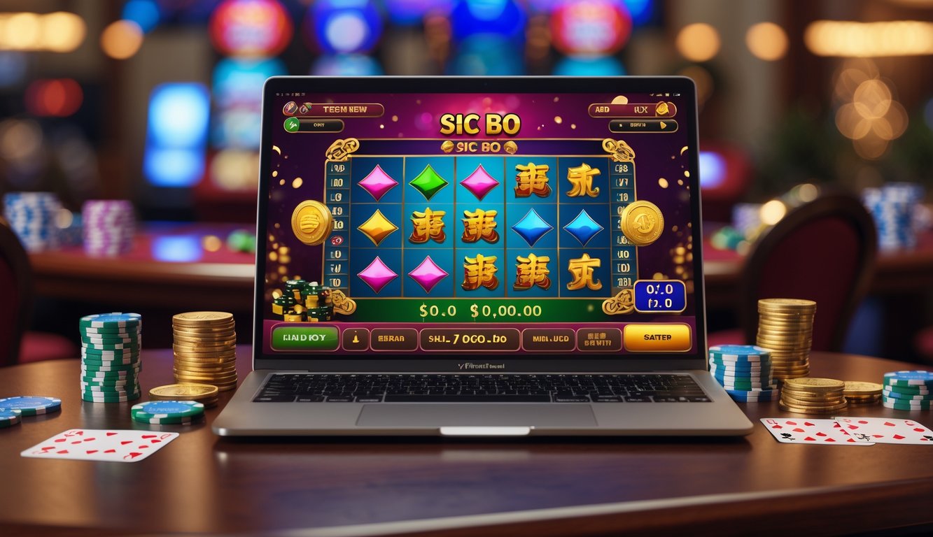 Sebuah laptop menampilkan permainan Sic Bo online dengan dadu dan chip kasino di atas meja kayu.