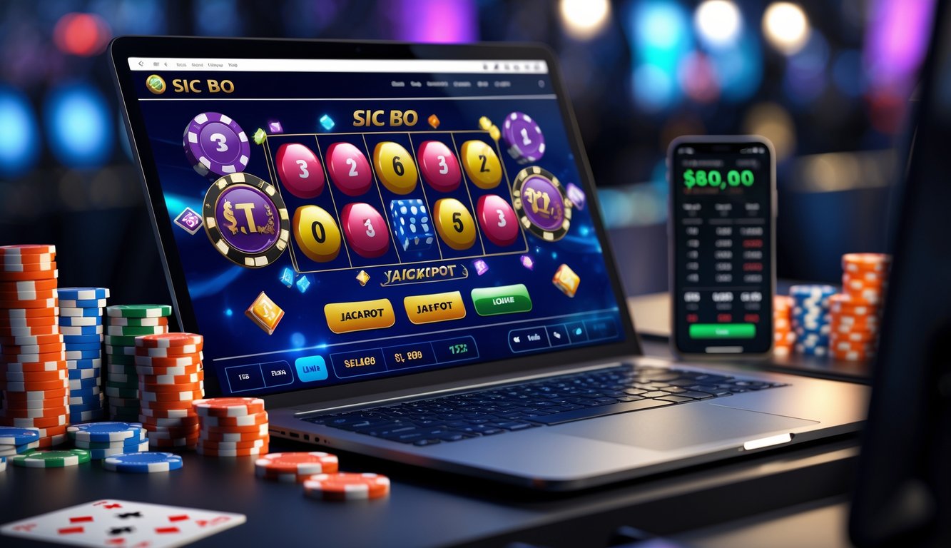 Sebuah layar komputer menampilkan permainan Sic Bo online dengan dadu berwarna dan indikator jackpot, dikelilingi oleh chip kasino dan kartu remi.