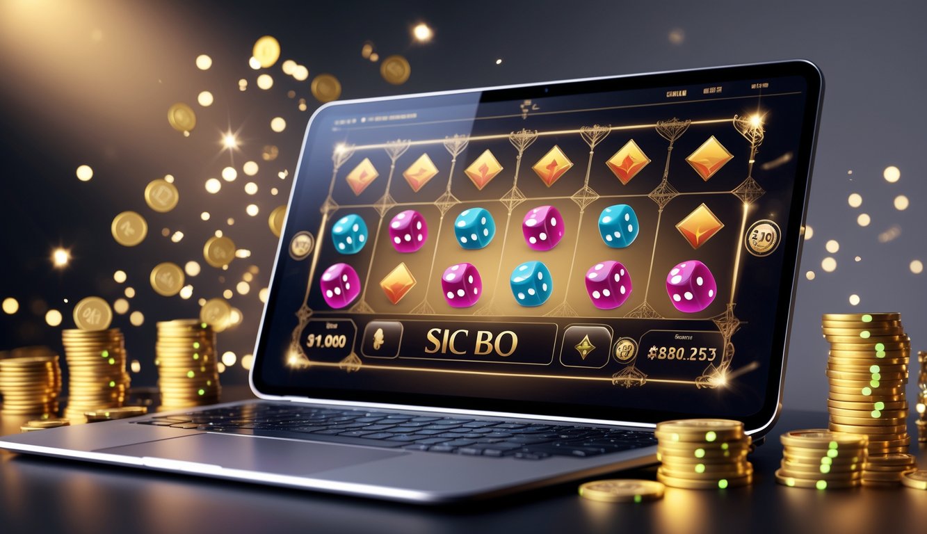 Sebuah laptop modern menampilkan permainan dadu Sic Bo dengan tumpukan chip kasino dan cahaya berkilau di sekitarnya.