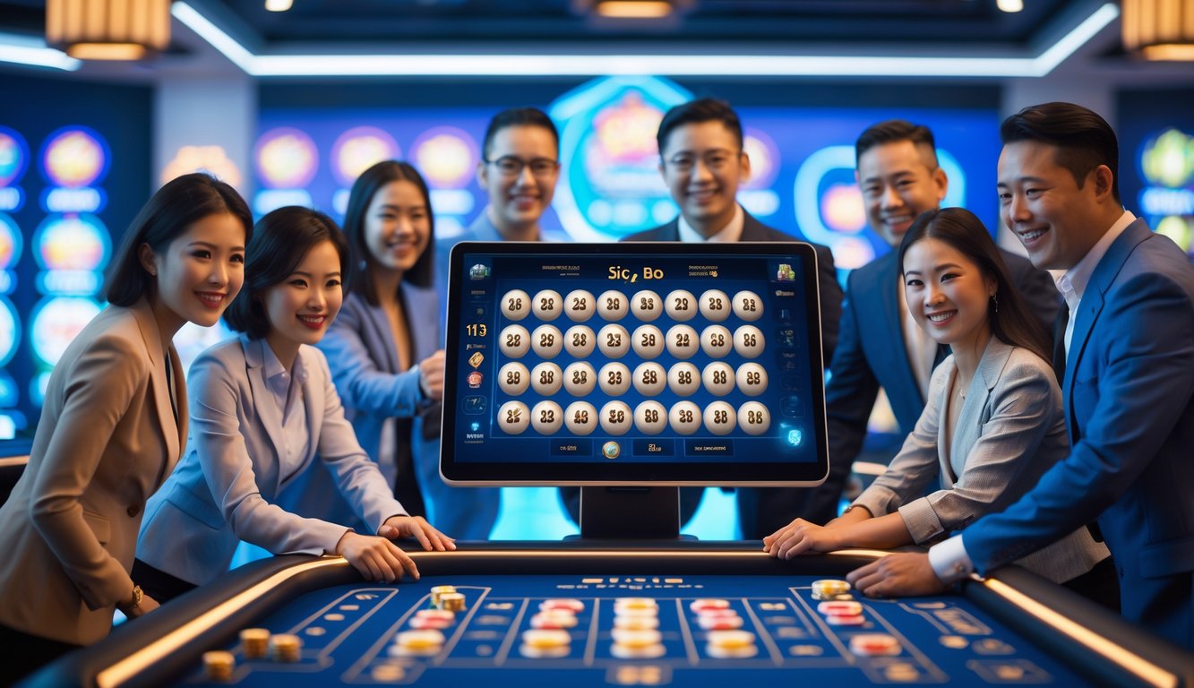 Orang-orang bermain permainan Sic Bo di depan layar komputer besar dalam suasana kasino online yang modern dan cerah.