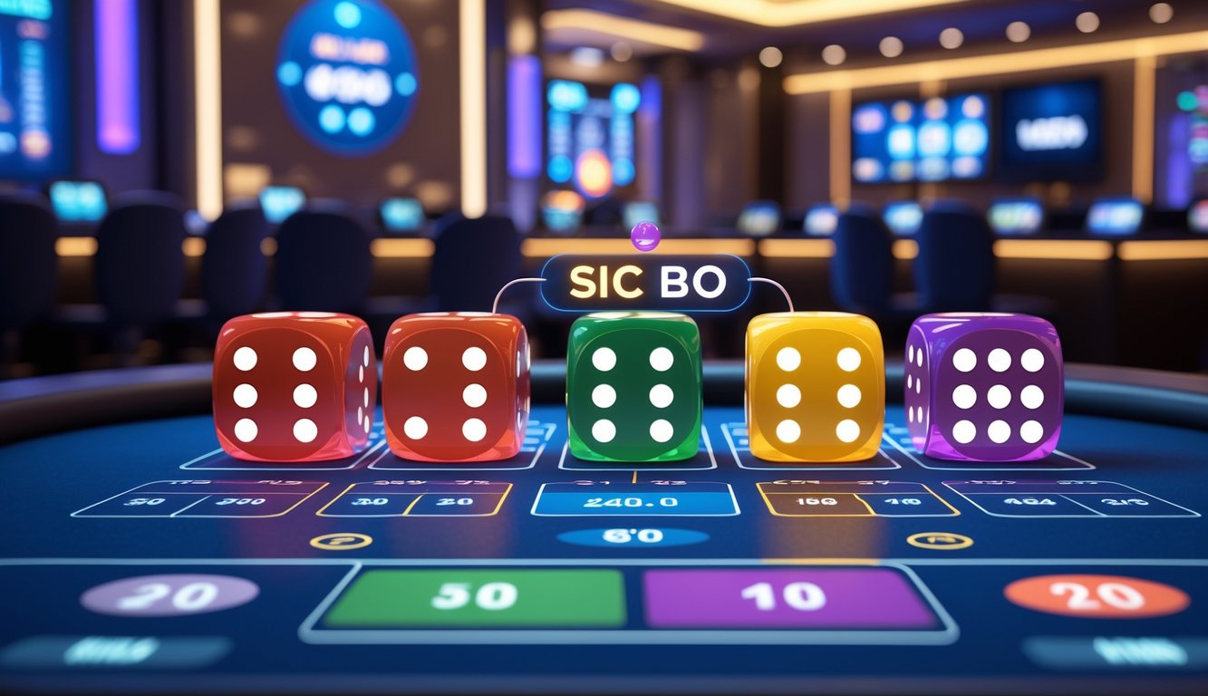 Suasana kasino online dengan antarmuka digital menampilkan permainan Sic Bo dan indikator jackpot besar.