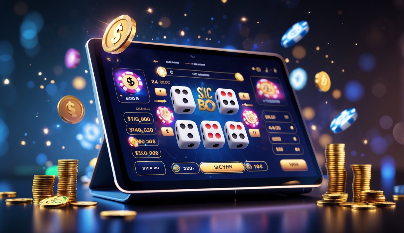 Suasana permainan Sic Bo online dengan layar perangkat yang menampilkan dadu dan taruhan, dikelilingi tumpukan chip dan koin bersinar.
