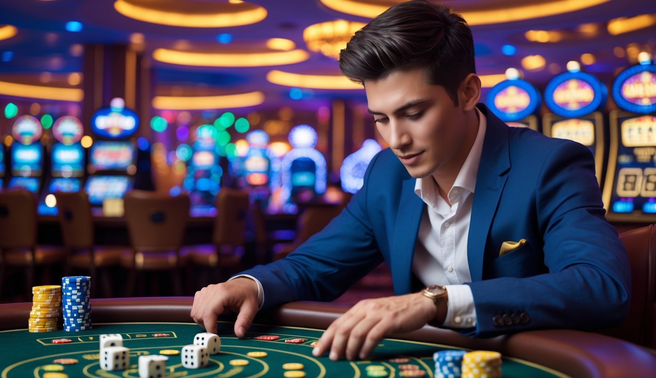 Seorang pria muda duduk di meja kasino bermain permainan Sic Bo dengan dadu dan chip, suasana kasino yang ramai dan berwarna-warni di latar belakang.