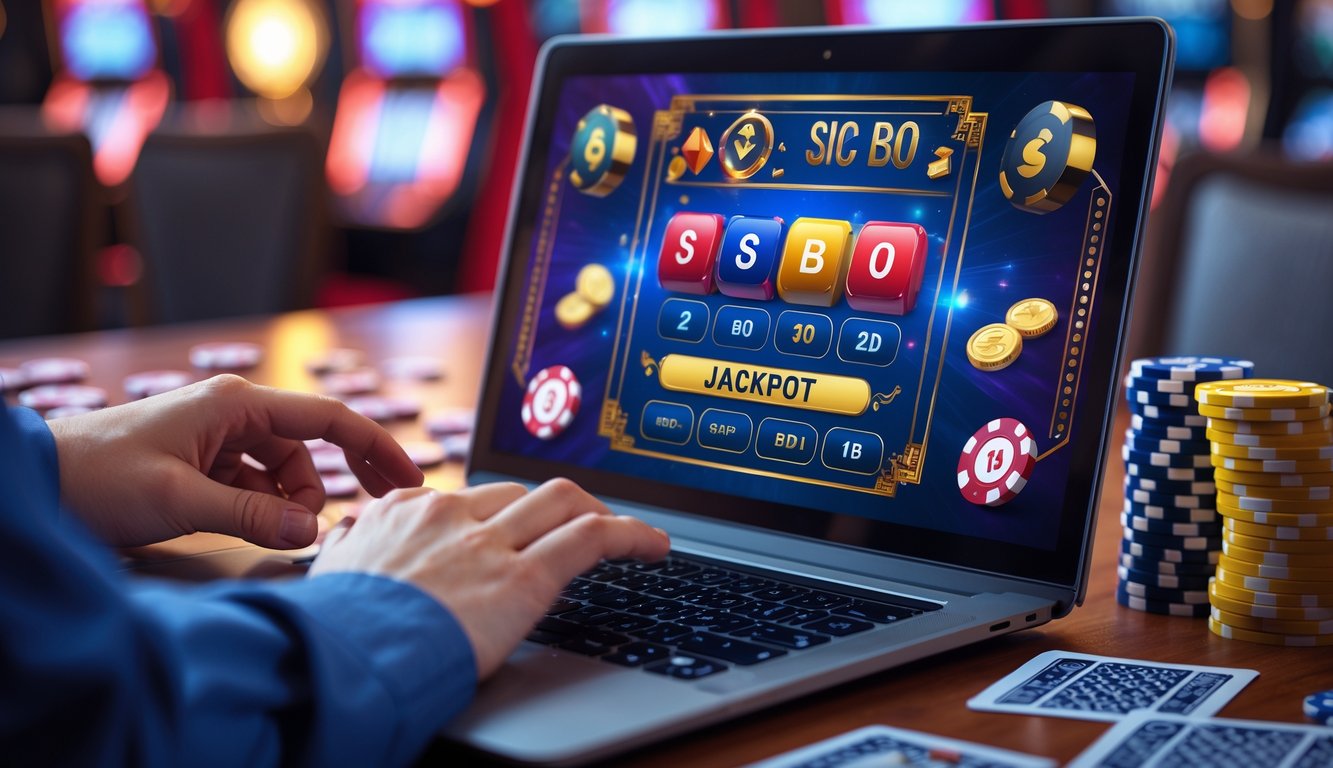 Seseorang bermain permainan Sic Bo Jackpot online di komputer dengan dadu digital terlihat di layar.