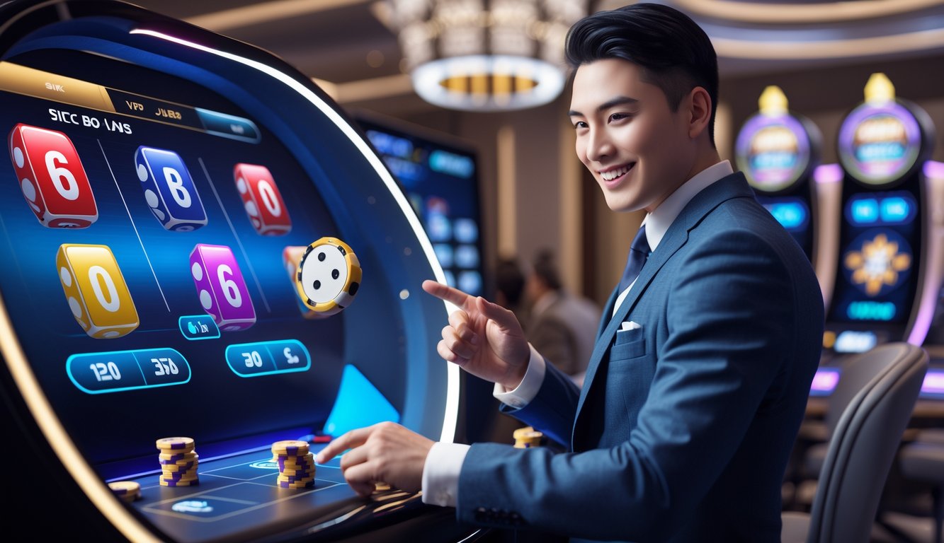 Seorang pria atau wanita menggunakan antarmuka kasino online dengan dadu Sic Bo dan elemen jackpot di layar komputer.