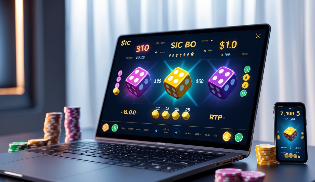 Tampilan layar komputer dengan permainan Sic Bo online, menampilkan dadu berwarna dan indikator jackpot, di meja kerja yang rapi dengan chip kasino dan ponsel.