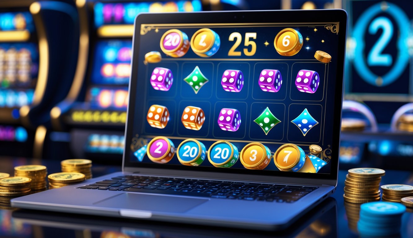 Tampilan layar komputer dengan permainan Sic Bo online yang menampilkan dadu dan angka jackpot yang menyala, dikelilingi oleh elemen kasino seperti chip dan koin.