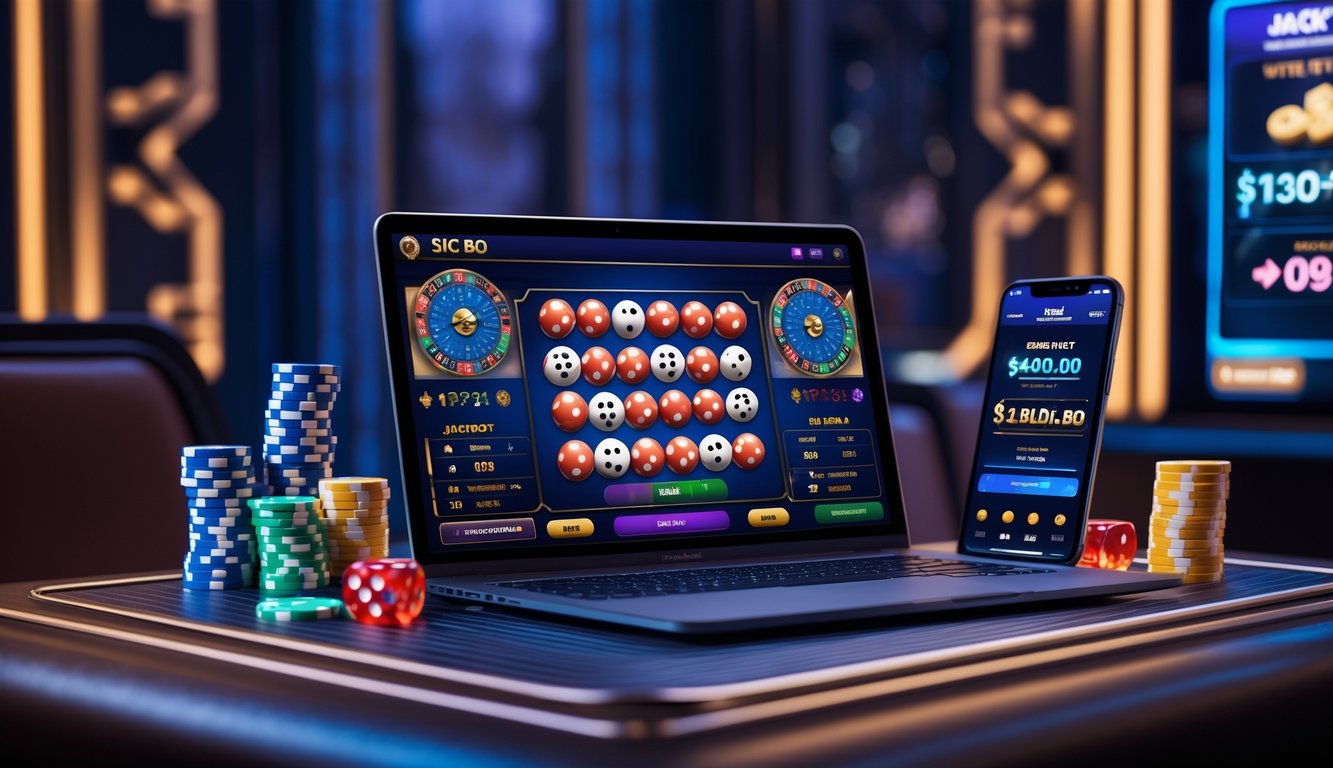 Sebuah setup permainan kasino online Sic Bo dengan komputer, dadu, dan chip di atas meja dalam ruangan yang elegan dan terang.