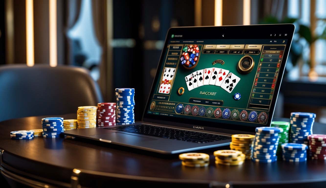 Sebuah laptop menampilkan permainan baccarat online dengan kartu dan chip kasino di atas meja kayu gelap.