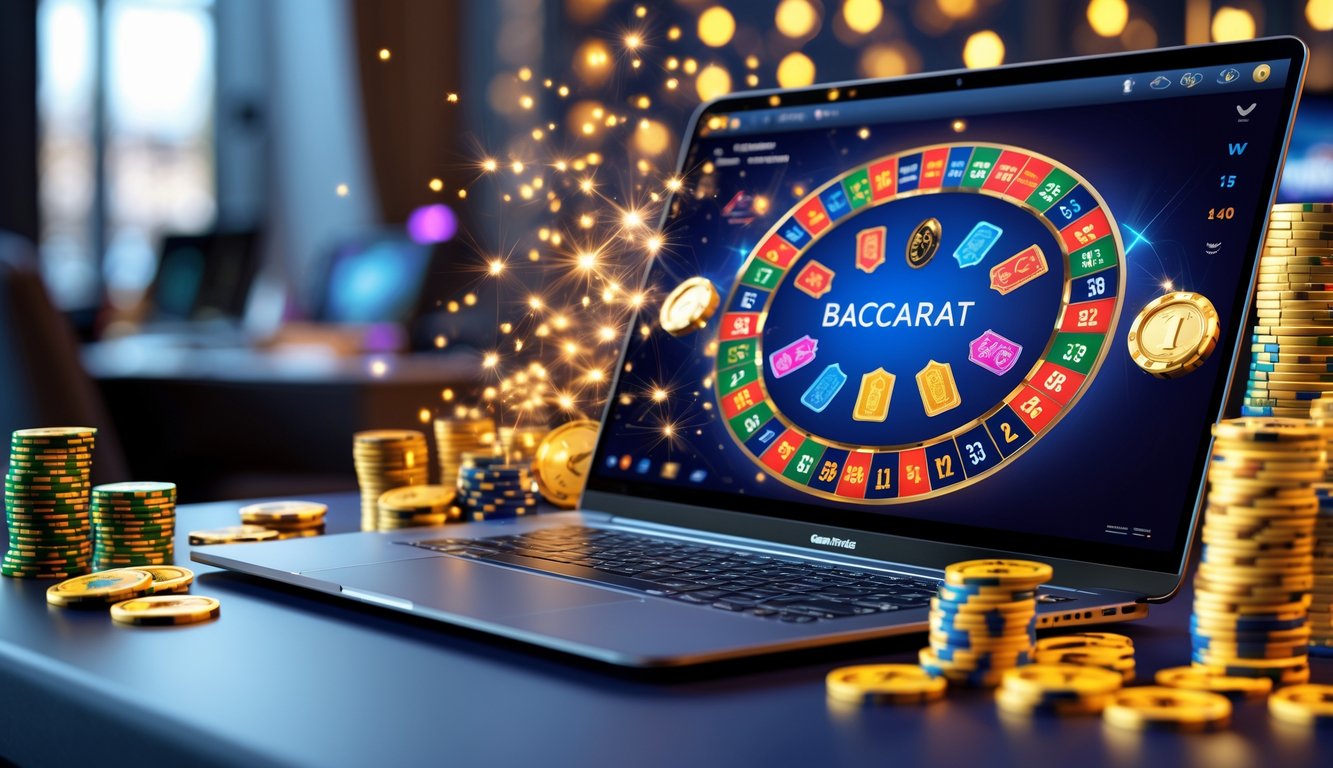 Sebuah meja dengan komputer menampilkan permainan Baccarat online, dikelilingi oleh tumpukan chip poker dan koin emas yang menggambarkan kemenangan dan jackpot.