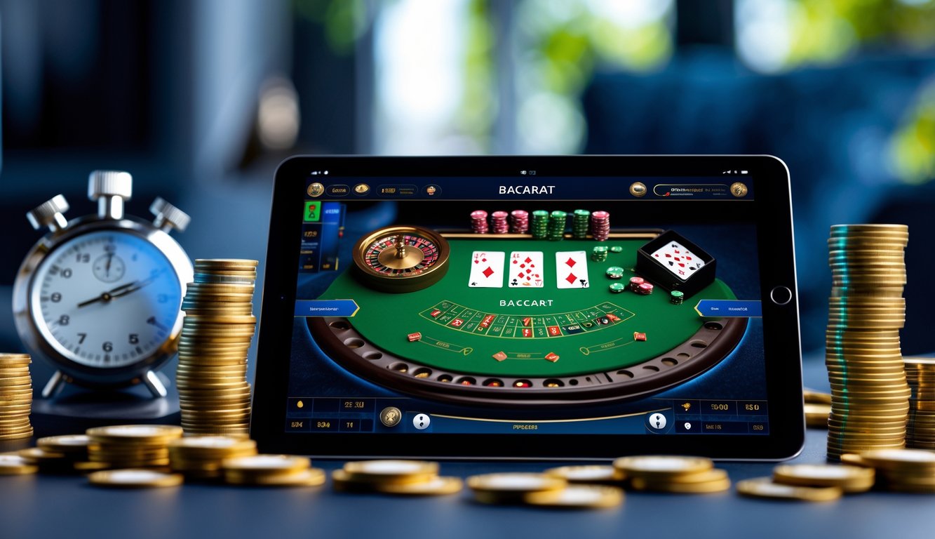 Tampilan dekat meja baccarat digital di layar komputer dengan kartu dan chip, dikelilingi oleh elemen yang menunjukkan kepercayaan dan kecepatan pembayaran.