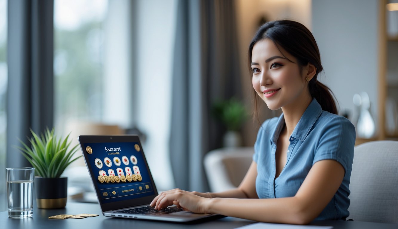 Seorang wanita muda duduk di meja dengan laptop, terlihat fokus bermain permainan baccarat online di ruangan yang nyaman dan terang.