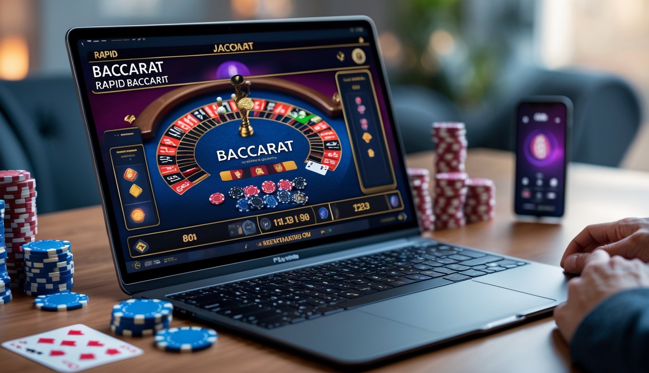 Seseorang sedang bermain permainan Baccarat online di laptop dengan chip dan kartu di meja, suasana nyaman di rumah.