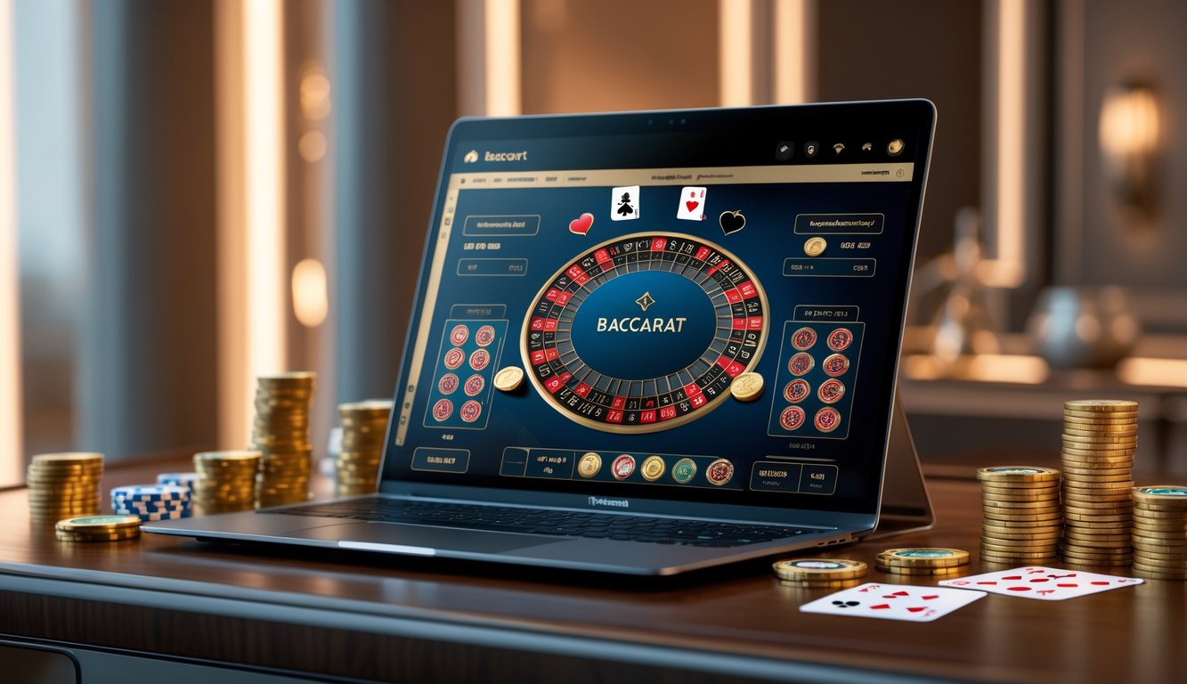 Sebuah meja dengan komputer menampilkan permainan baccarat online, dikelilingi chip poker dan kartu remi.