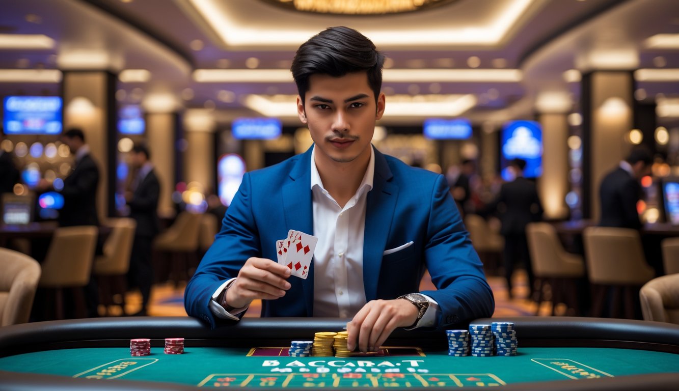 Seorang pria muda duduk di meja kasino bermain baccarat dengan fokus, dikelilingi oleh suasana kasino yang mewah dan lampu hangat.