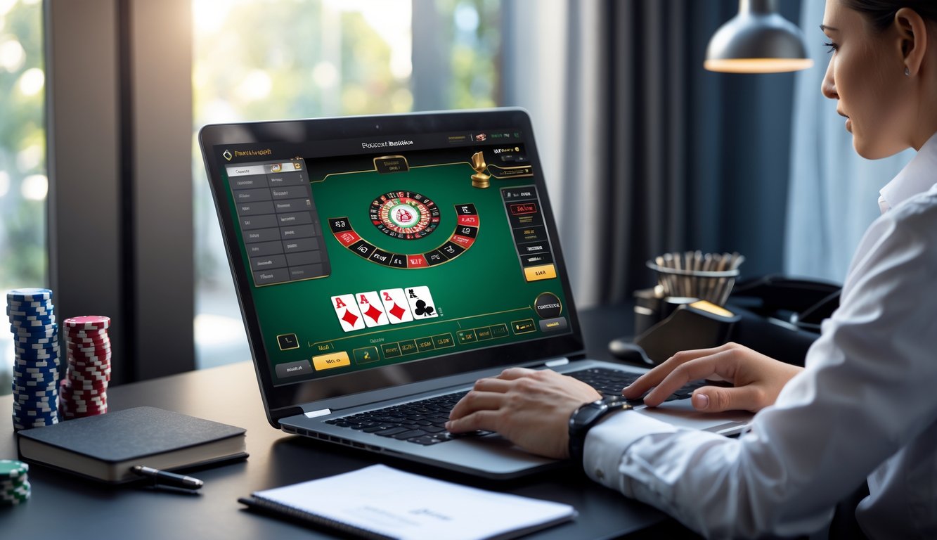 Seseorang duduk di depan komputer dengan tampilan permainan baccarat online, fokus dan siap bermain dengan suasana ruangan yang nyaman.
