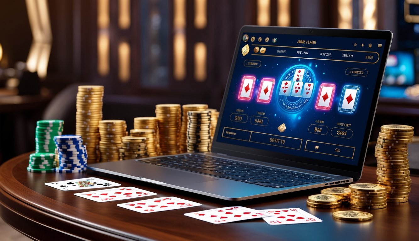 Sebuah laptop modern dengan permainan baccarat online yang tampil di layar, dikelilingi oleh tumpukan chip kasino dan koin emas di atas meja kayu.