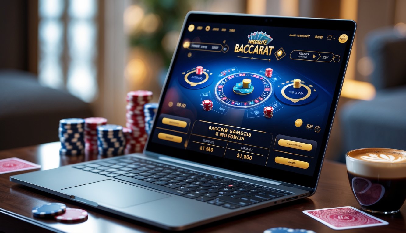 Sebuah meja dengan komputer menampilkan permainan baccarat online dan tumpukan chip poker di sekitarnya.