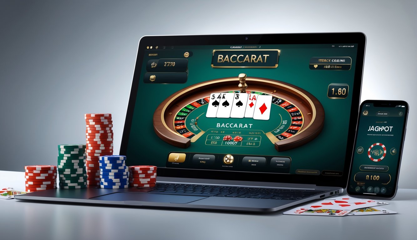 Seorang pemain berjudi online dengan laptop menampilkan permainan baccarat, kartu dan chip poker di meja, serta ponsel dengan notifikasi jackpot.