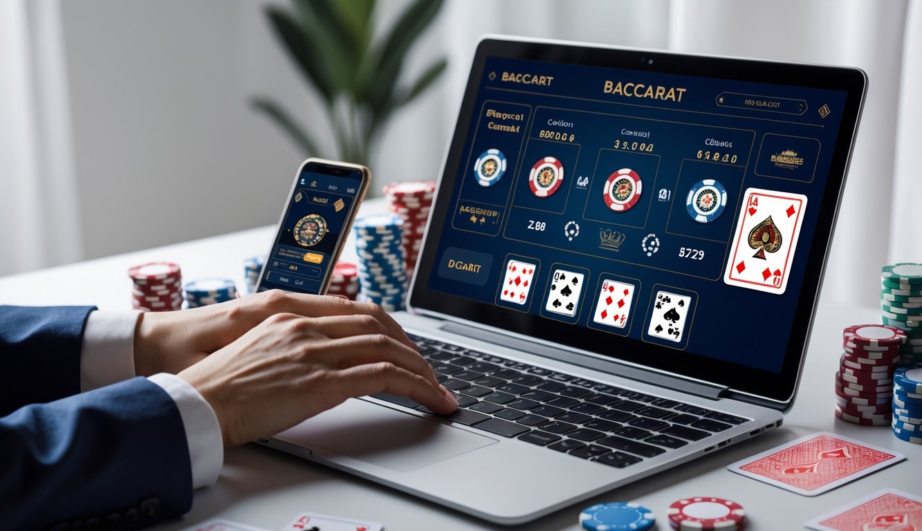 Meja dengan laptop yang menampilkan permainan Baccarat online, dikelilingi oleh chip poker dan kartu, dengan tangan seseorang yang sedang bermain.