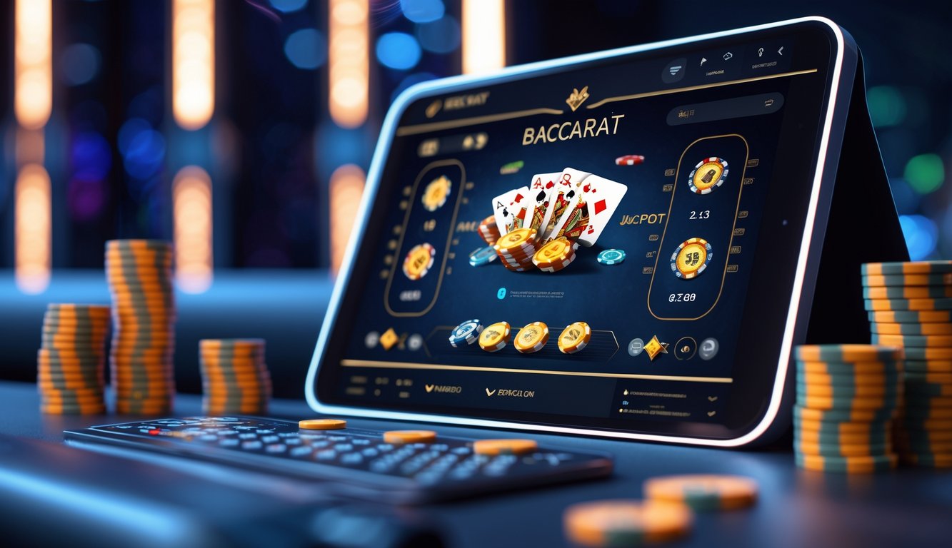 Sebuah layar komputer menampilkan permainan baccarat online dengan kartu dan tumpukan chip di sekitarnya.