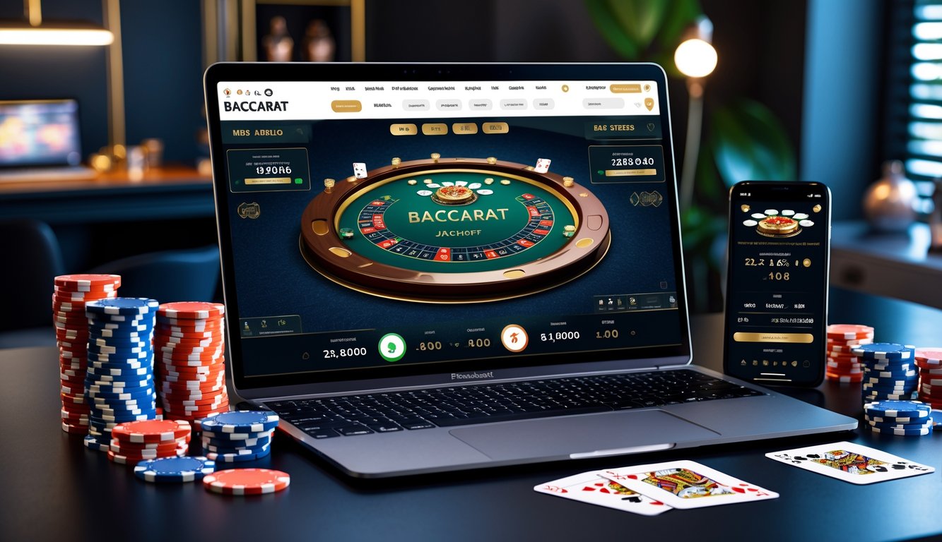 Meja kerja dengan laptop menampilkan permainan baccarat online, kartu remi dan chip poker, serta ponsel dengan tampilan taruhan langsung.