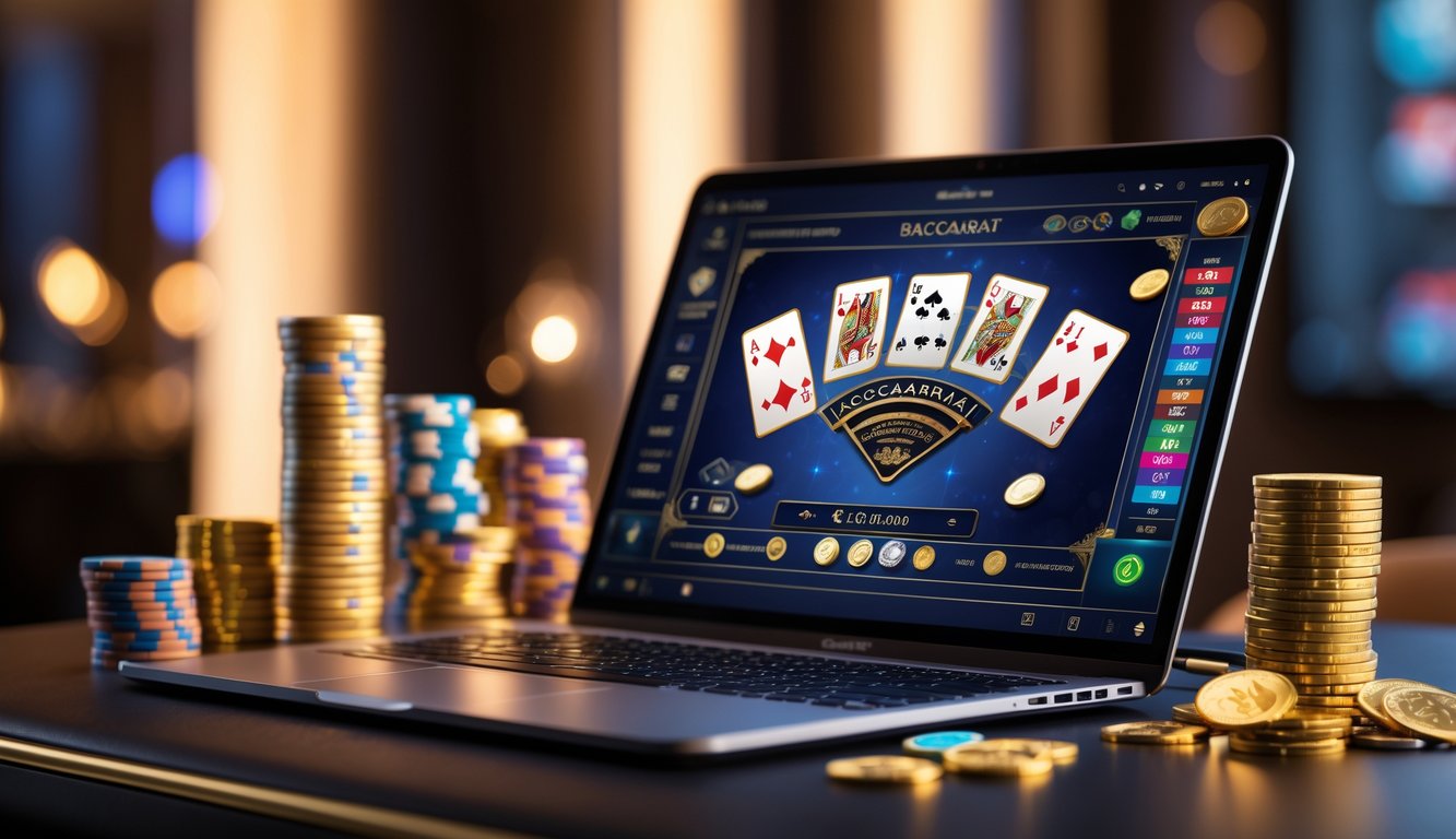 Seorang pemain sedang bermain baccarat online dengan komputer di meja, dikelilingi oleh tumpukan chip kasino dan koin emas yang bersinar.