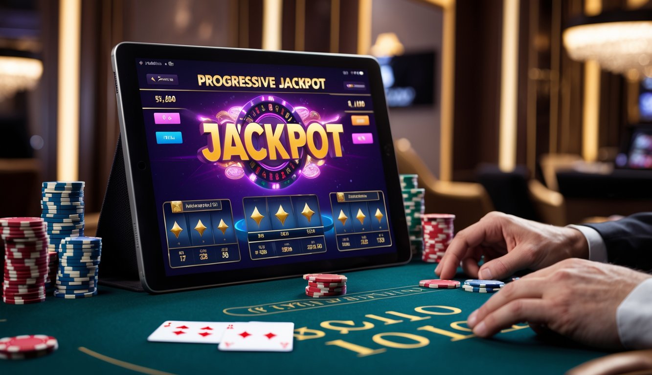 Seorang pemain menggunakan perangkat digital untuk bermain baccarat online dengan tampilan jackpot progresif besar di layar, di lingkungan kasino yang mewah.