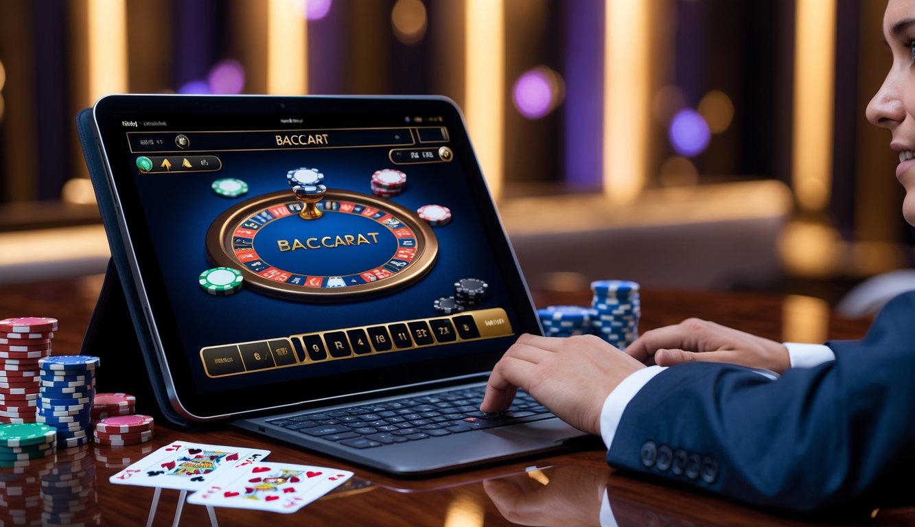 Seorang pemain muda duduk di meja dengan perangkat digital yang menampilkan permainan baccarat, dikelilingi oleh chip poker dan kartu remi.