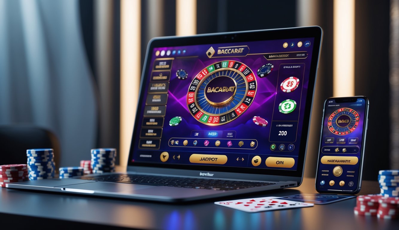 Seorang pemain sedang menggunakan komputer dengan tampilan permainan baccarat online dan chip poker di meja.