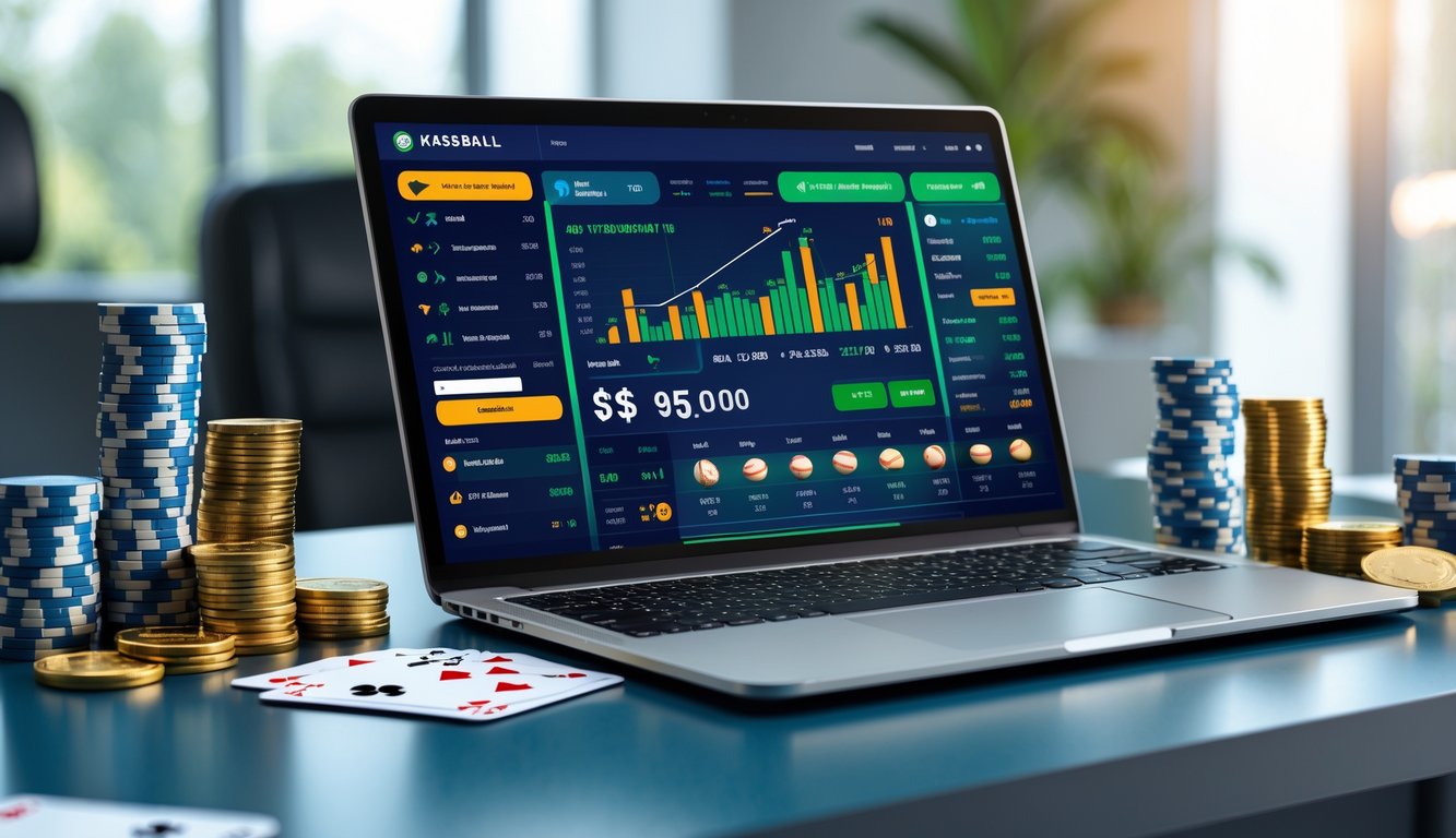 Seorang pengguna komputer dengan layar menampilkan situs taruhan baseball online, dikelilingi oleh chip poker dan koin emas di atas meja.