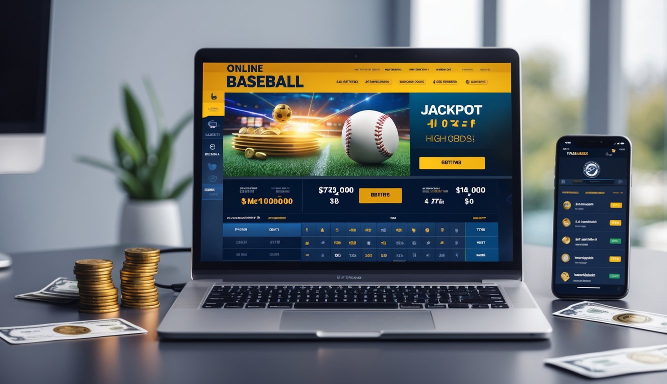 Seorang pengguna melihat layar komputer yang menampilkan situs taruhan bisbol online dengan grafik dan angka taruhan, di meja terdapat koin digital dan ponsel dengan aplikasi taruhan.