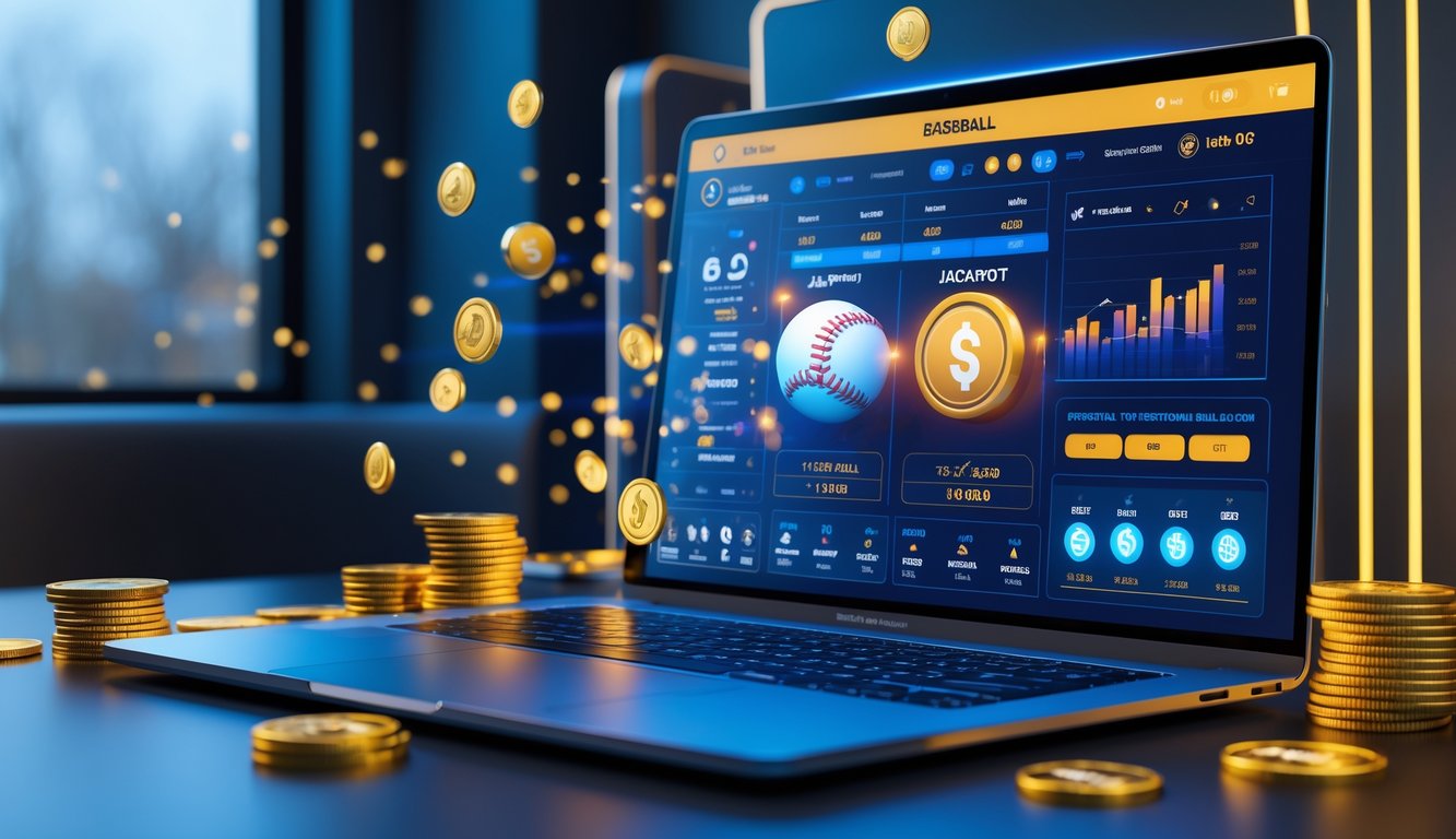 Seseorang menggunakan komputer dengan tampilan taruhan baseball online dan simbol jackpot di sekitarnya.