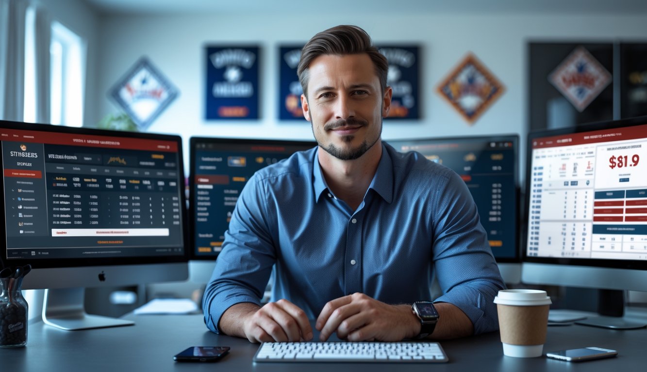 Seorang pria duduk di depan komputer dengan layar menampilkan statistik dan peluang taruhan baseball, terlihat fokus dan percaya diri di ruang kerja modern.