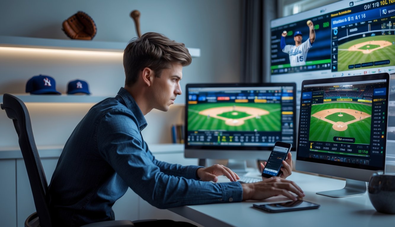 Seorang pria muda fokus menggunakan laptop dan ponsel di meja kerja dengan layar yang menampilkan statistik dan pertandingan baseball.
