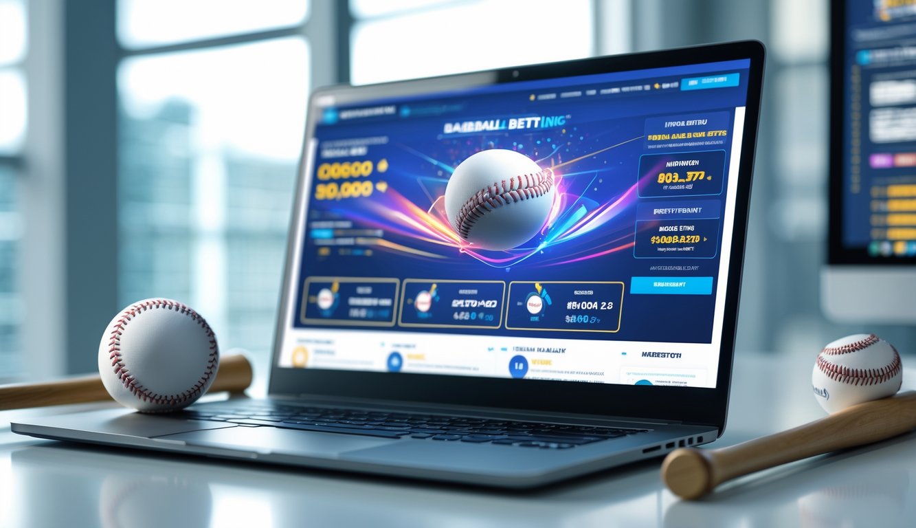 Seorang pengguna komputer dengan layar menampilkan situs taruhan baseball online, di meja terdapat bola baseball, tongkat, dan sarung tangan baseball.