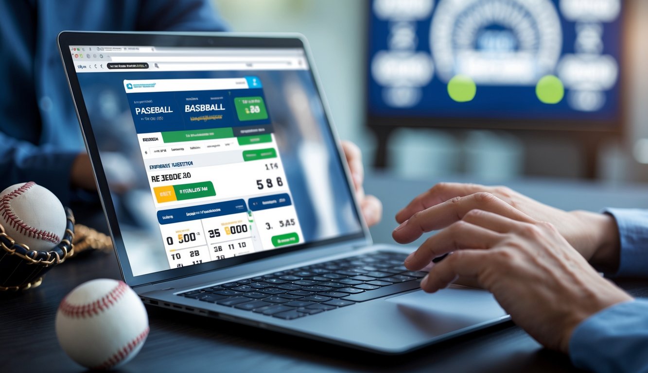Seorang pengguna sedang menggunakan laptop dengan tampilan situs taruhan baseball online, dikelilingi oleh perlengkapan baseball di meja.