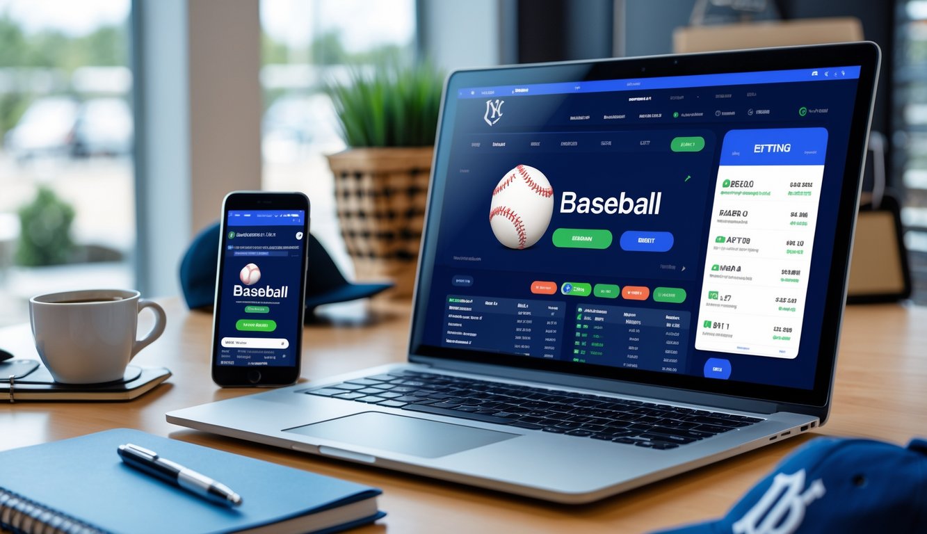 Meja kerja dengan laptop dan ponsel yang menampilkan layar taruhan baseball online, dilengkapi dengan peralatan tulis dan memorabilia baseball di latar belakang.
