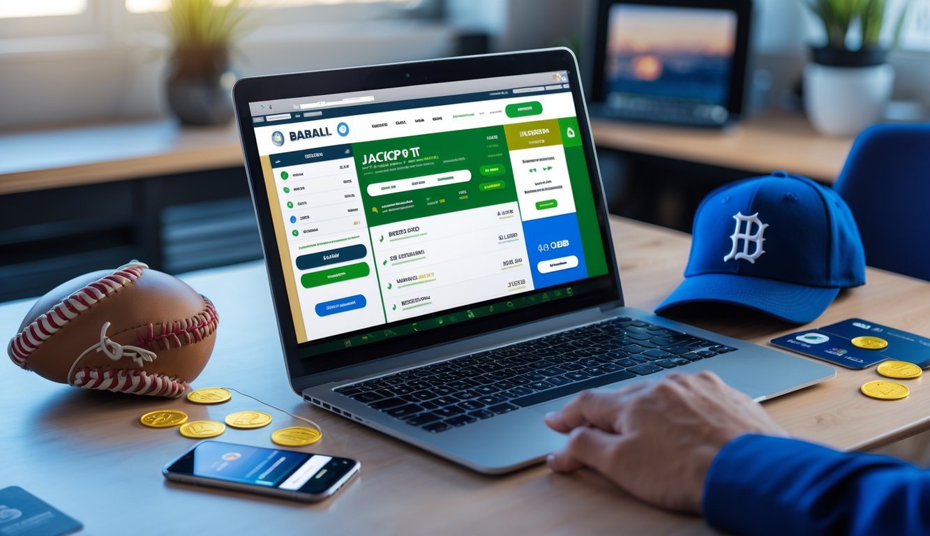 Seorang pria menggunakan laptop di meja kerja dengan tampilan situs taruhan baseball online, di sekitar terdapat ponsel, kartu kredit, dan perlengkapan baseball.