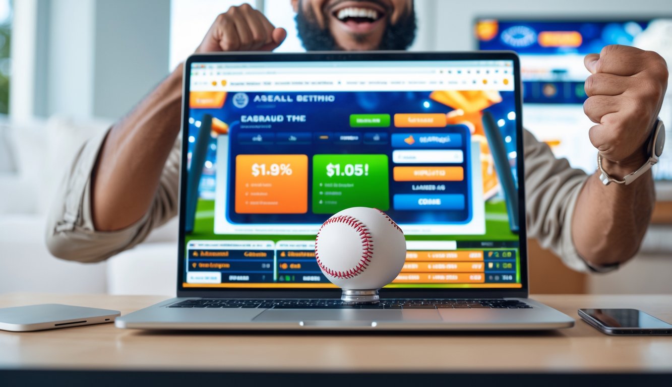 Seseorang merayakan kemenangan besar saat menggunakan perangkat digital untuk taruhan baseball online di ruangan yang terang dan modern.