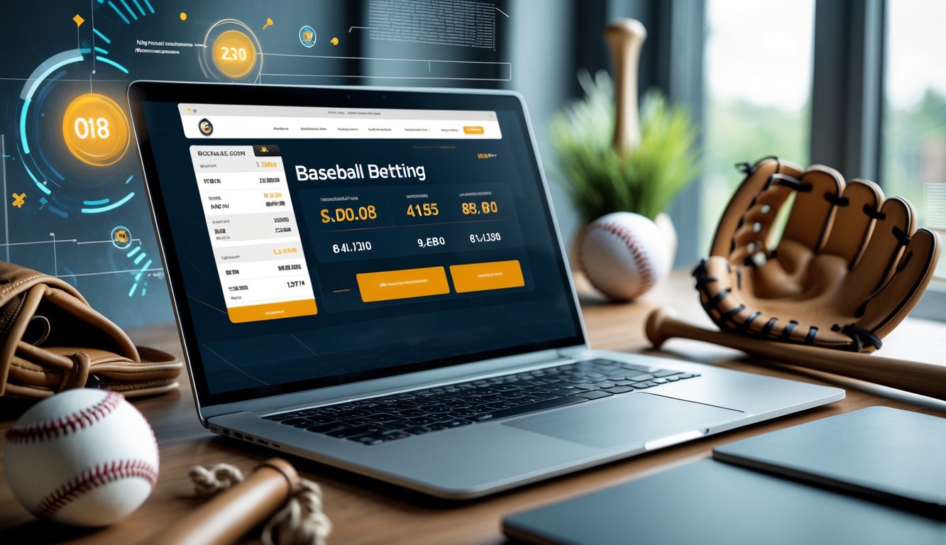 Seorang pria duduk di depan laptop dengan perlengkapan baseball di meja, menunjukkan suasana taruhan baseball online.