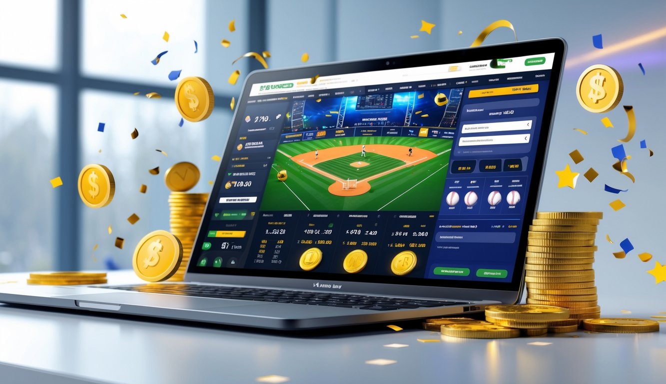 Seseorang menggunakan komputer dengan tampilan situs taruhan baseball online yang menampilkan skor dan ikon jackpot.