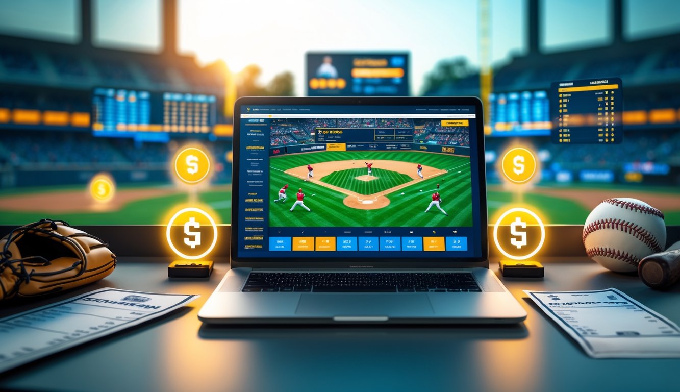 Seorang pria menggunakan laptop dengan tampilan pertandingan baseball dan simbol taruhan online di meja kerja.