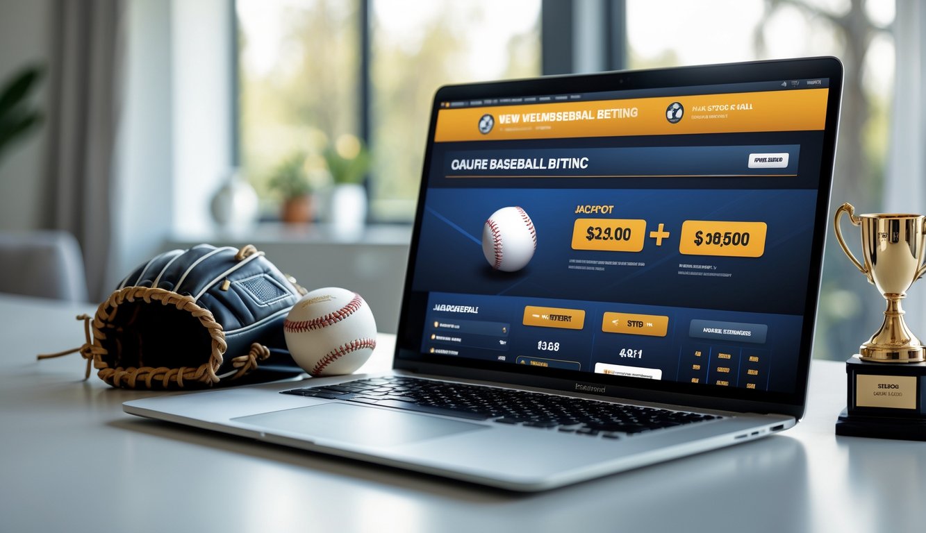 Seorang pengguna menggunakan laptop di meja dengan perlengkapan baseball di sekitarnya, menampilkan suasana taruhan baseball online dan hadiah jackpot.
