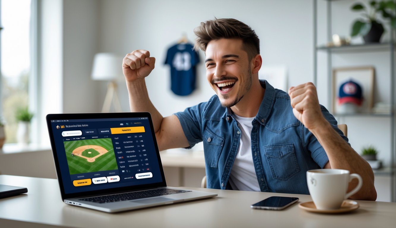 Seorang pria muda tersenyum dan mengangkat tinju sambil duduk di depan laptop yang menampilkan permainan baseball online di ruang kerja modern.