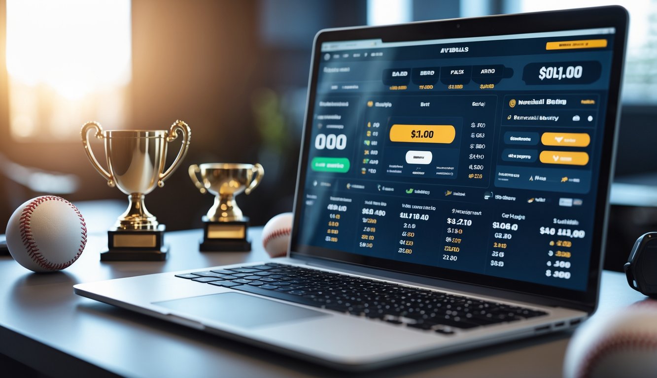 Sebuah laptop di meja dengan tampilan situs taruhan baseball online, dikelilingi oleh bola baseball, sarung tangan, dan trofi kecil.