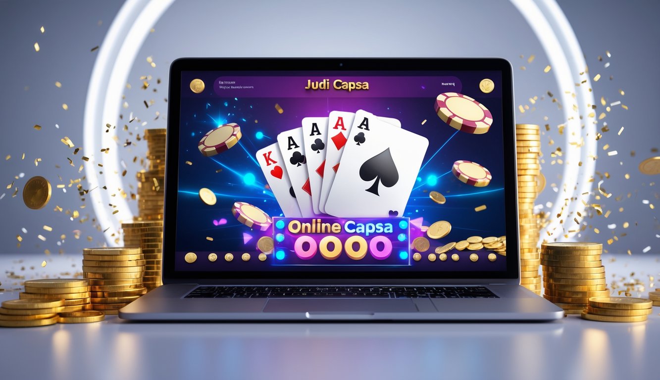 Layar komputer menampilkan permainan kartu online dengan tumpukan chip poker dan koin emas di sekitarnya, menunjukkan suasana kemenangan dan jackpot.