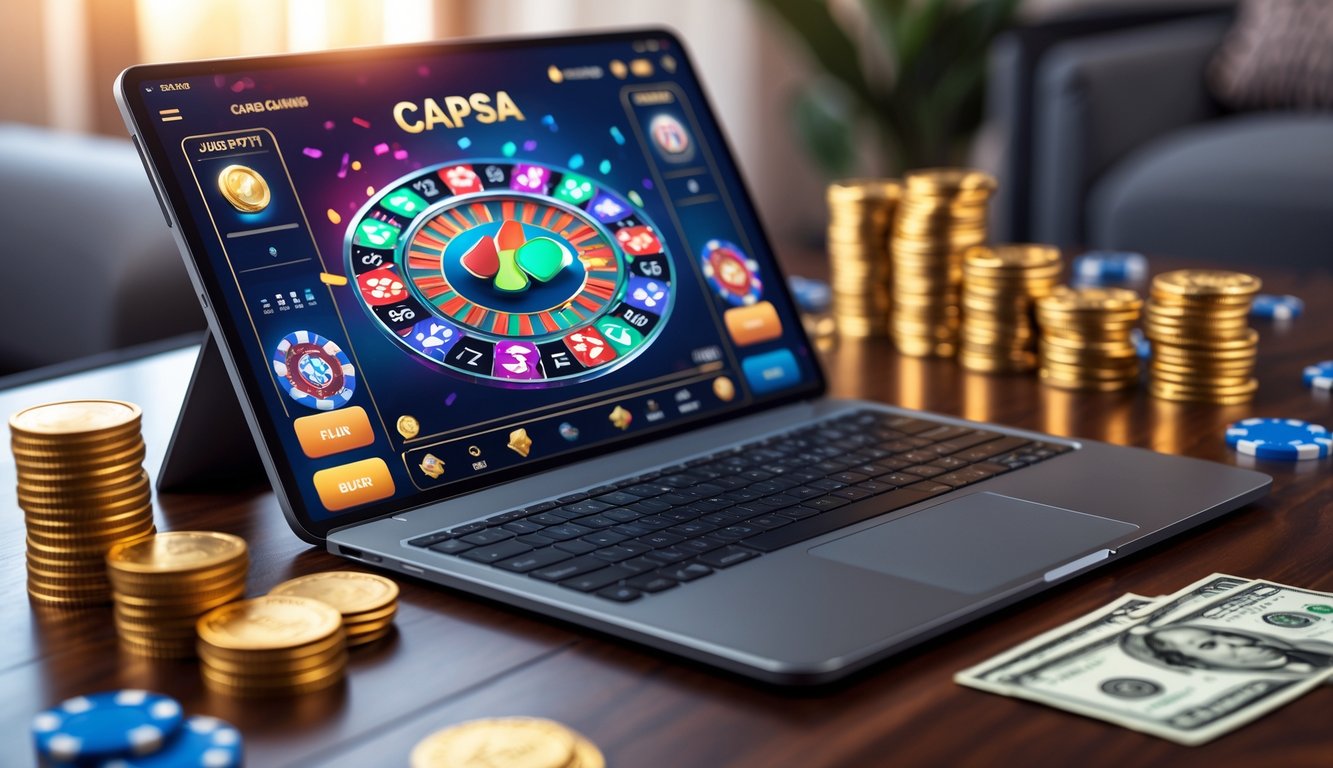 Seorang pemain menggunakan laptop untuk bermain Capsa online dengan kartu dan chip di meja, menunjukkan suasana permainan judi online dengan peluang menang dan bonus.